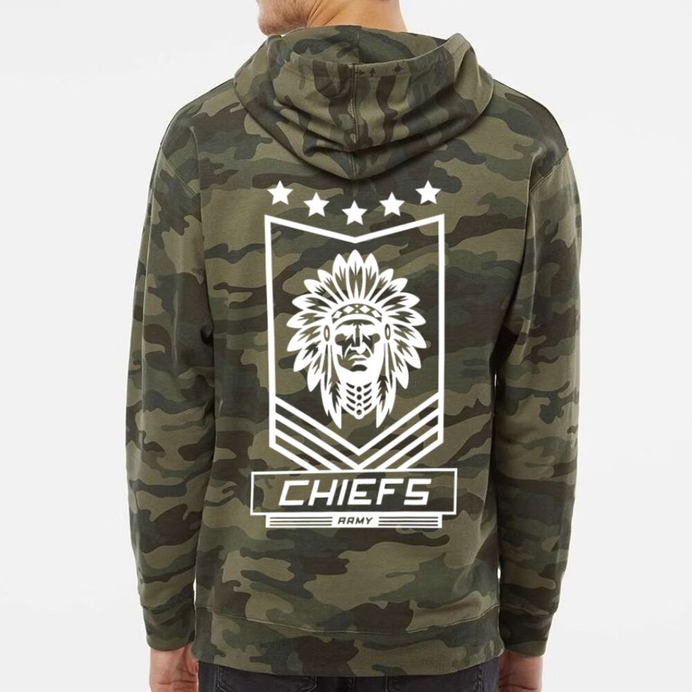 NEW Kansas City Chiefs Fan Army Front Back Print Pullover Hoodie WOODLAND CAMO